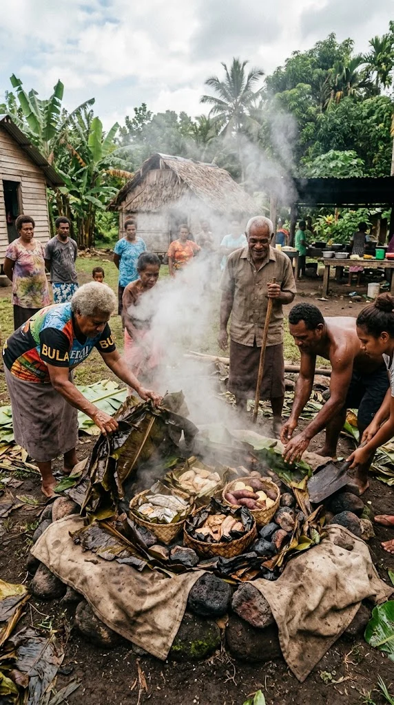 Four de terre du Pacifique avec aliments et feuilles après ouverture