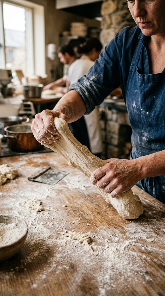 Mains préparant des nouilles fraîches sur un plan de travail