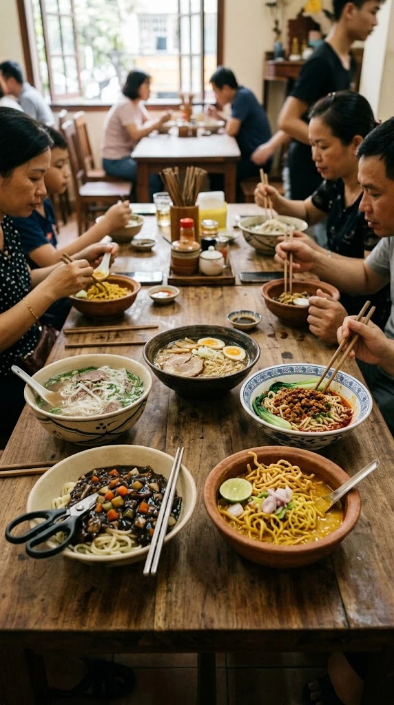 Bols de nouilles asiatiques dans des préparations variées
