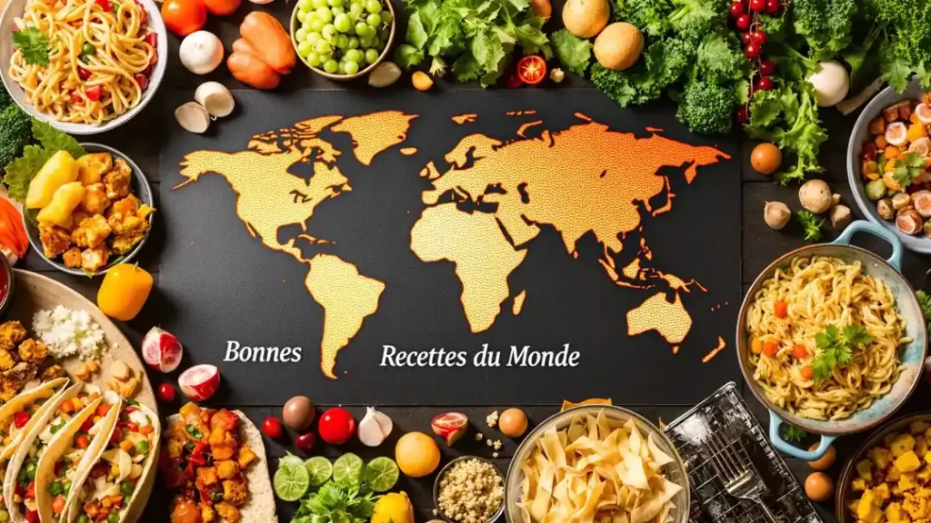 Carte du monde entourée de plats et d'ingrédients représentant les cuisines du monde