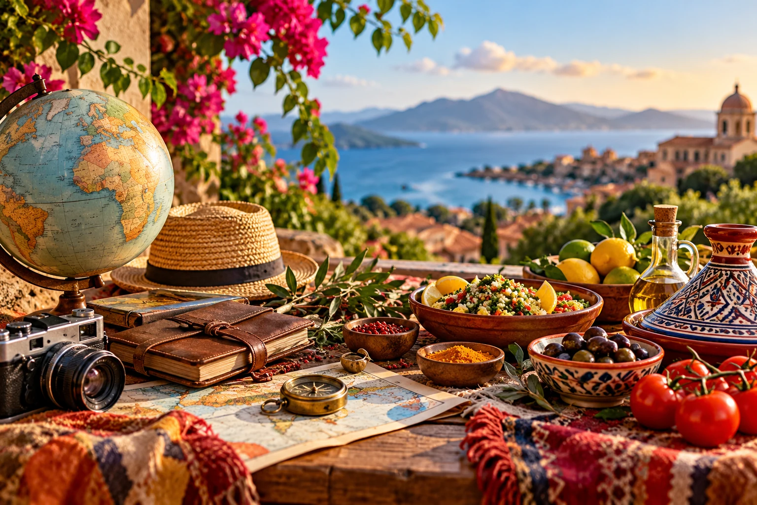 Globe terrestre, carnet de voyage, appareil photo et spécialités culinaires sur une table face à un paysage méditerranéen